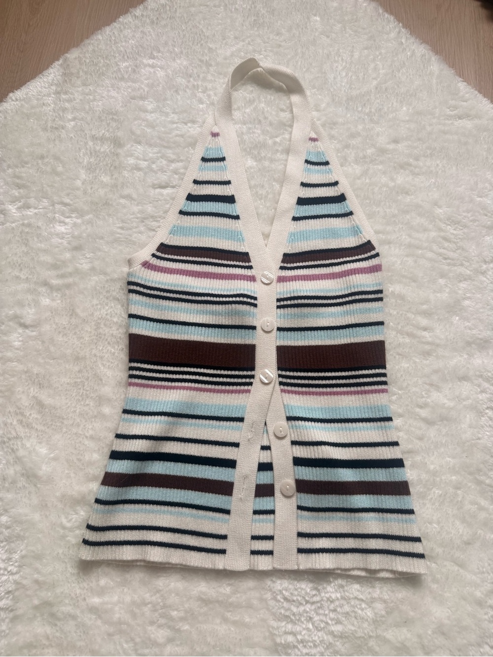 Striped Halter Knit Button-Front Top in Ivory, Light Blue & Brown